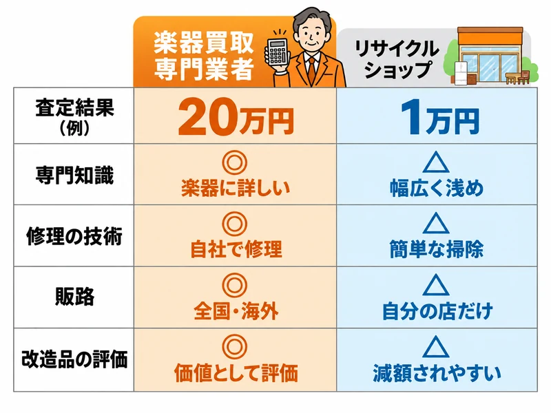 楽器買取の専門業者と一般的なリサイクルショップの違い